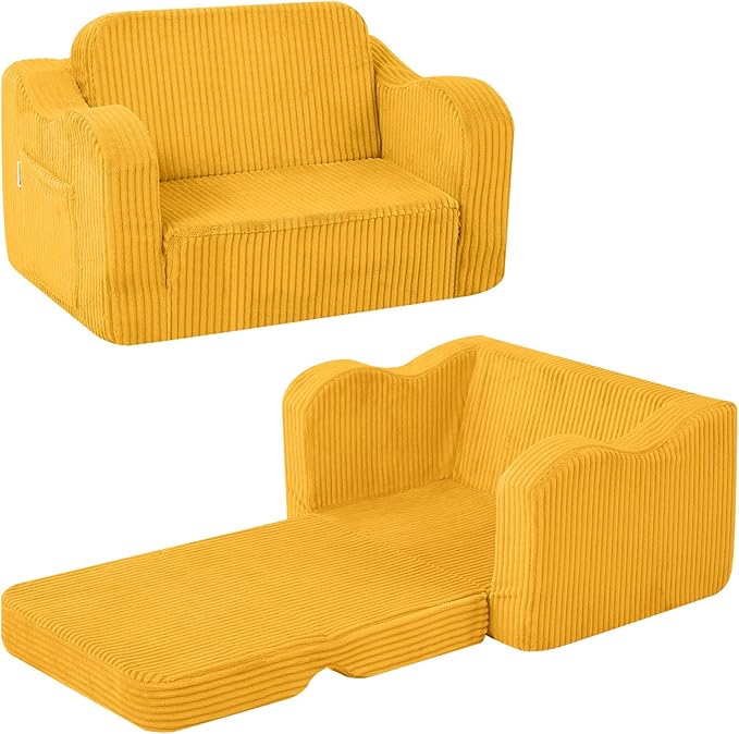MeMoreCool Toddler Couch, 2-in-1 Corduroy Kids Couch Fold Out to Lounger