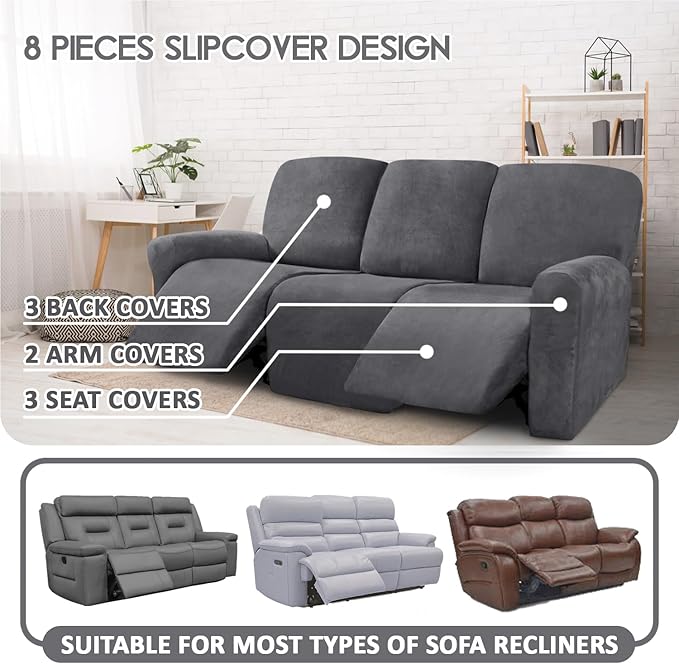 ULTICOR Velvet 8-Pieces Recliner Sofa Covers Stretch Reclining Couch Covers