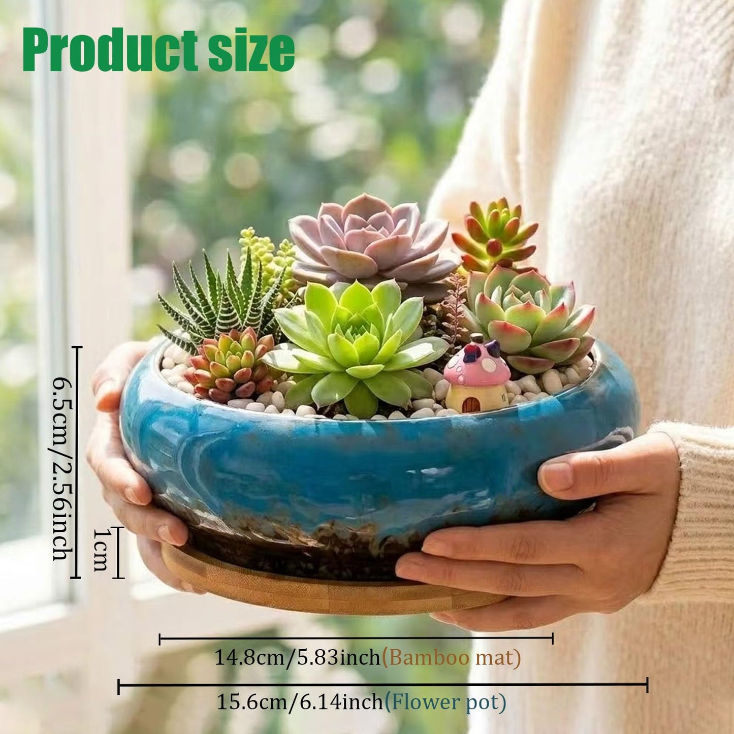 Drzewo 7-Inch Succulent Pots, Succulent Pots with Drainage, Drip Glazed Ceramic Planter with Small Garden Tools, Indoor Succulent Planters for Cactus, Potted Plant,Aloe Vera,Pot for Succulents