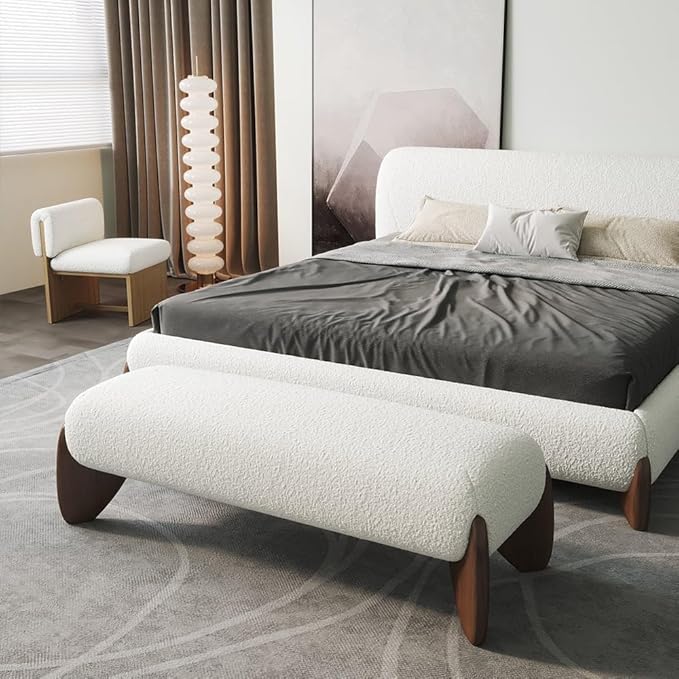 homary Curva Modern White Boucle King Size Platform Bed Set & Bedroom Bench