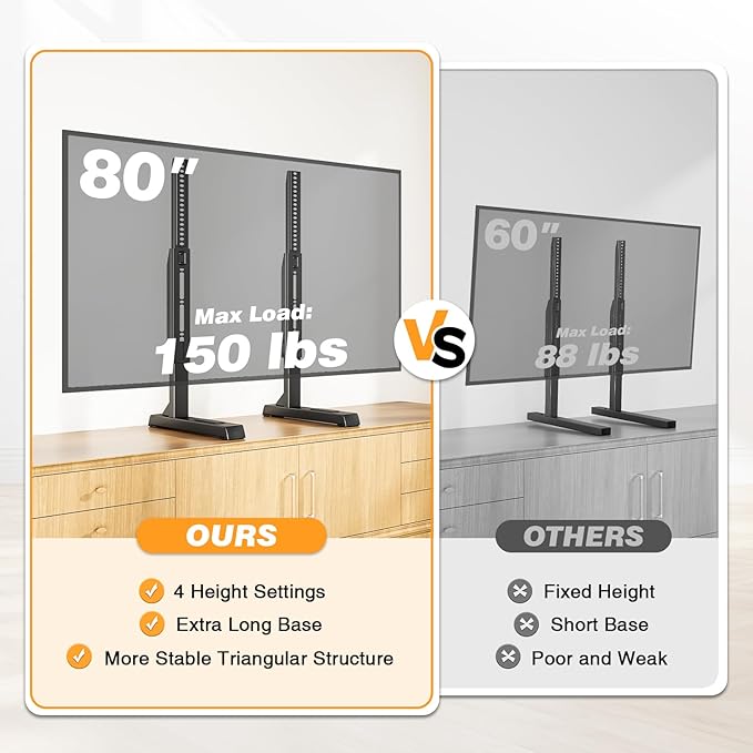 Universal TV Stand Mount for 24-80 inch Flat or Curved TVs, Height Adjustable