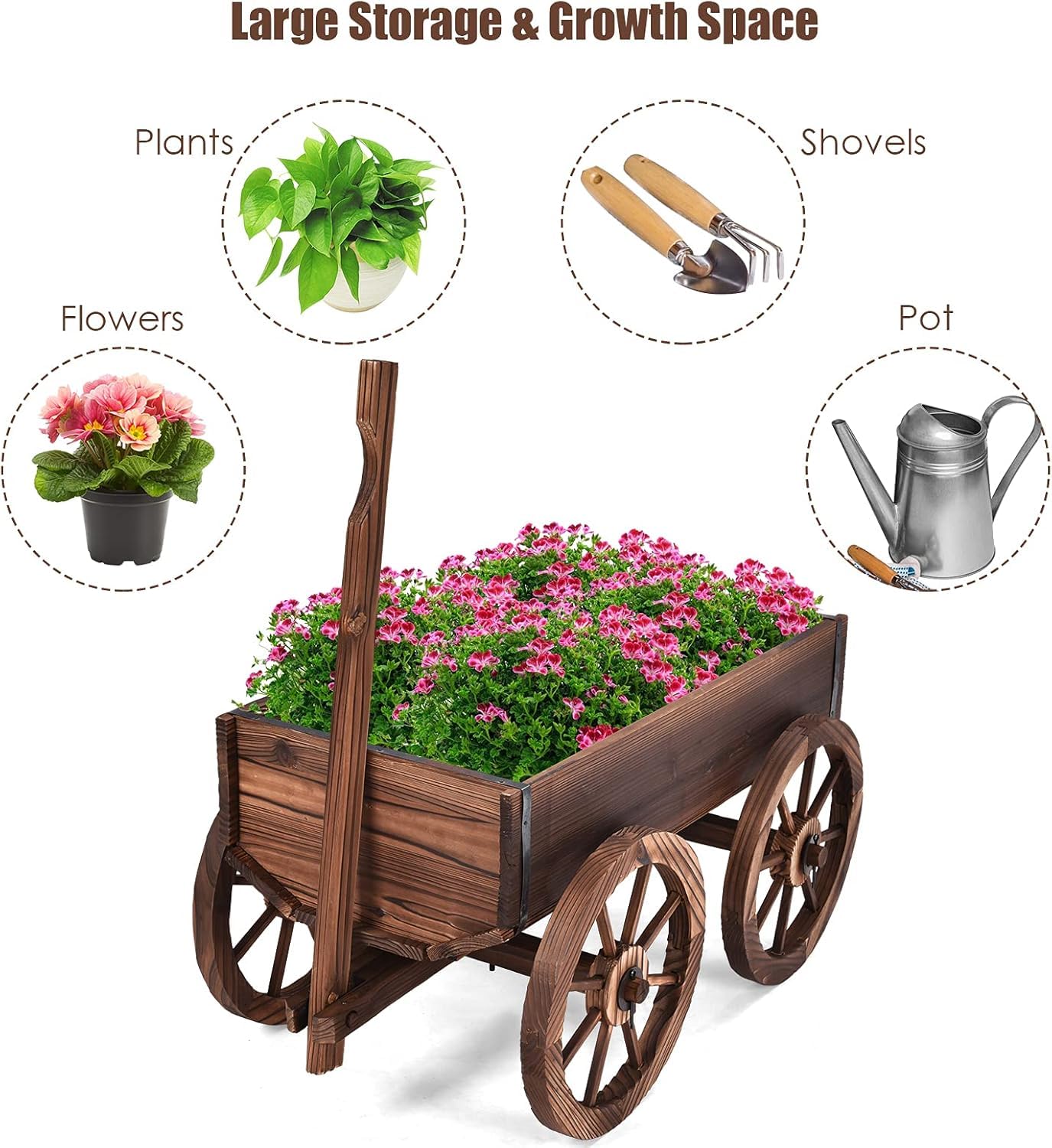 LDAILY Wooden Wagon Planter Pot, Decorative Flower Cart with Handle, Wheels, Drain Holes, Outdoor Rustic Wheelbarrow Planter Stand for Patio, Garden, Backyard, Balcony, Brown