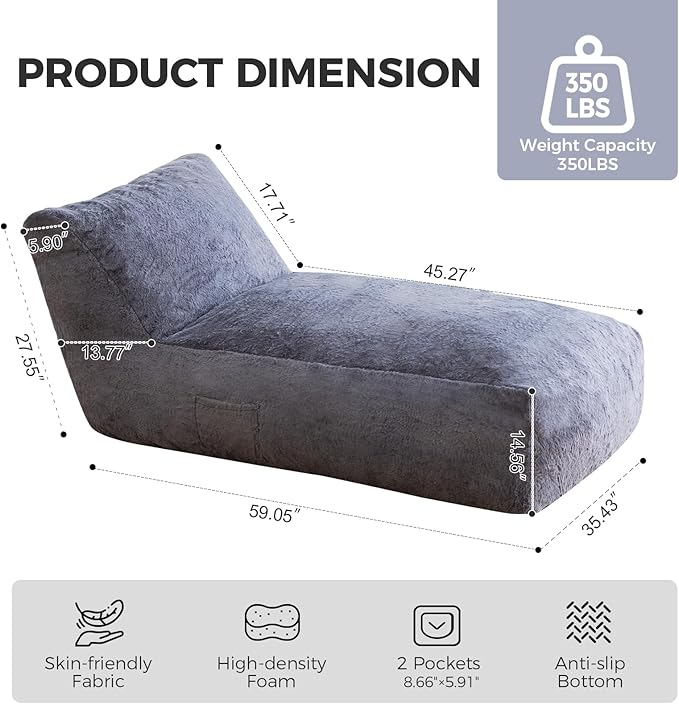 Giant Bean Bag Chair for Adults, Big Faux Fur Plush Bean Bag Lounger, Large