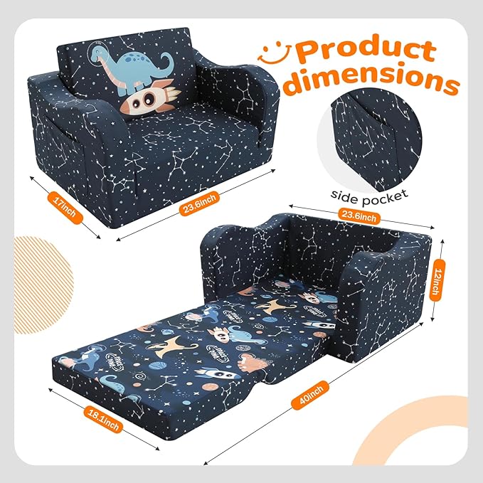 MeMoreCool Toddler Couch, 2-in-1 Kids Couch Fold Out to Lounger, Comfy Toddler