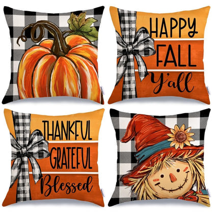 GEEORY Fall Buffalo Plaid Pumpkin Scarecrow Pillow Covers 18x18 Set 4