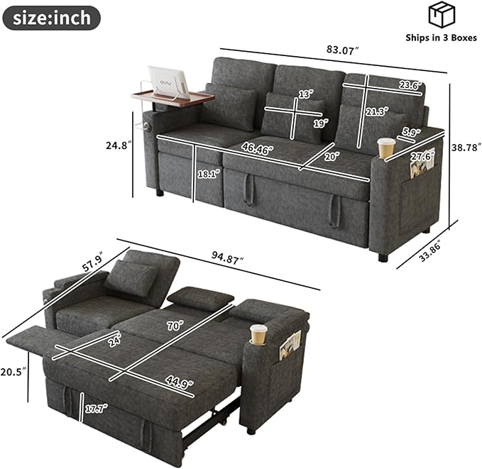 Sectional Sleeper Sofa with Pull Out Couch and Reclining Chair, Modern 3-in-1