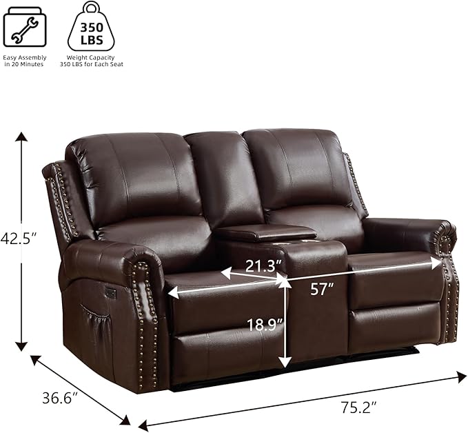 EBELLO Power Reclining Loveseat, Faux Leather Double Recliner Sofa