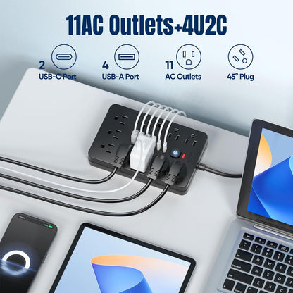 20 FT Flat Plug Surge Protector Power Strip,11 Multiple AC Outlets with 6 USB Ports (2 USB C), 20 Feet Extension Cord, 1250W/10A, One Touch Switch Button, 17 in 1 Compact powerstrip