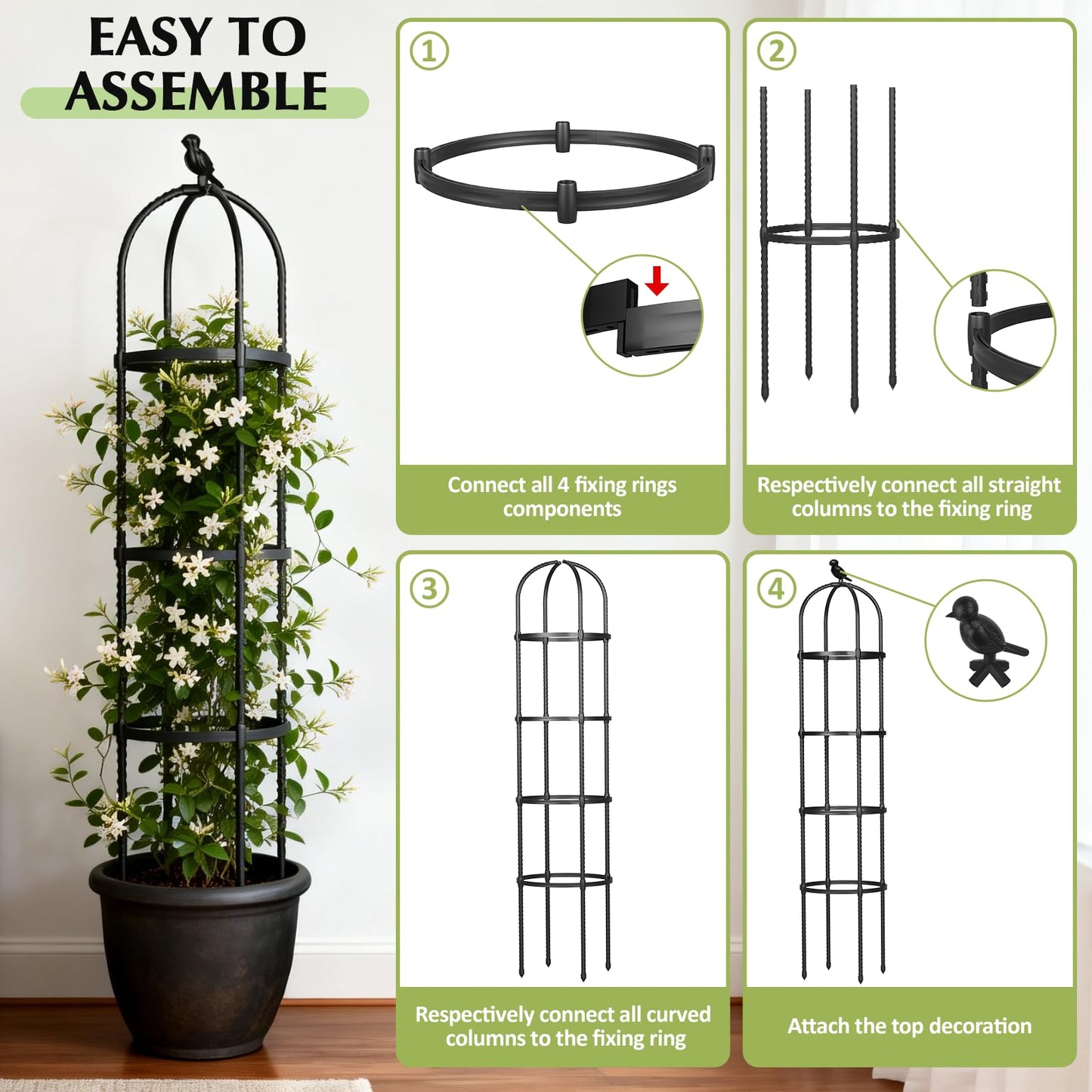 Obelisk Trellis for Climbing Plants Outdoor, 6.2 FT Plant Support for Tomato, Rose, Flowers, Grape, Pea, Cucumber, Rustproof Plastic Coated Metal Plant Tower for Potted Plants - 1PC Garden Trellis