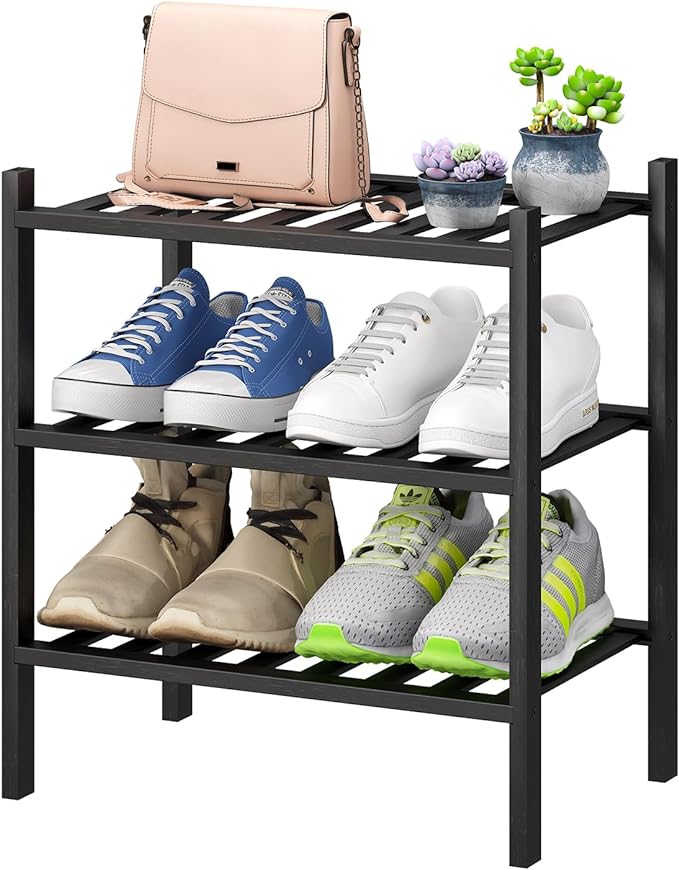 viewcare Small Shoe Rack for Entryway, 3-Tier Black Bamboo Shoe Organizer for