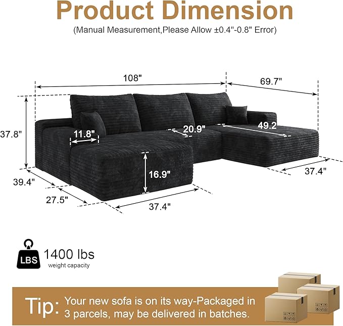 108" Sectional Couches for Living Room Cloud Couch Sofa