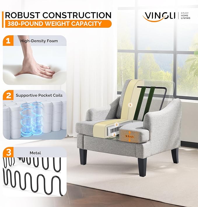 VINGLI Linen Fabric Accent Chairs Set of 2, Comfy Sofa Chair Living Room
