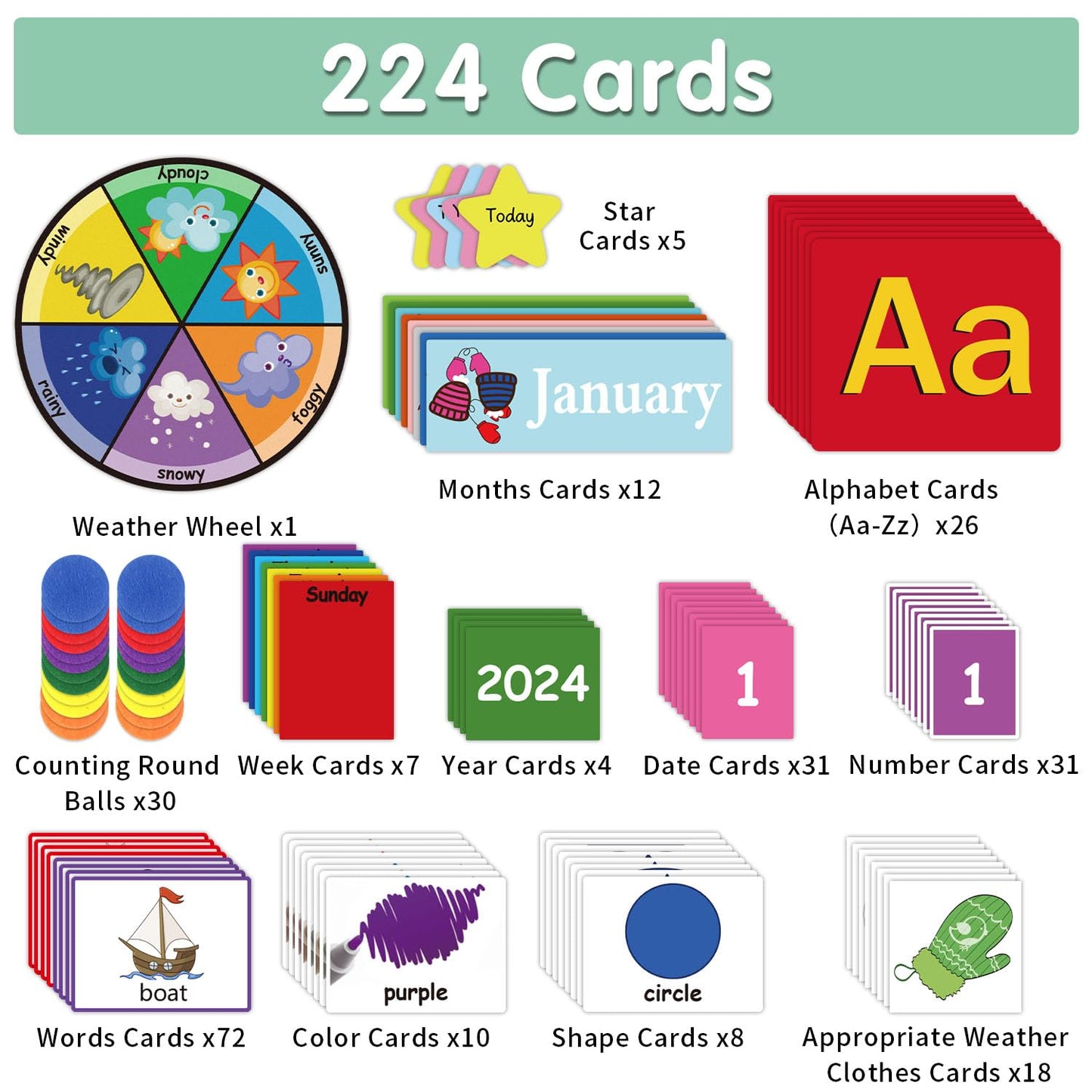 Circle Time Learning Center Pocket Chart, Calendar for Classroom, Educational Pocket Chart Learning Calendar Weather Letter Counting Rhyme Color Shape(Black)