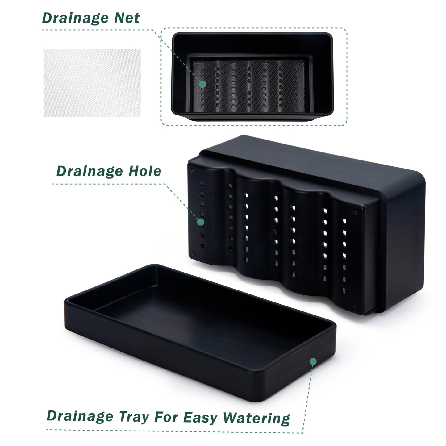 D'vine Dev 12" x 6.5" Window Box Planter, Rectangular Plastic Herb Planter with Drainage Holes & Saucer, Succulent, Cactus & Vegetable Pot for Windowsills/Balconies, Black, Set of 2, 76-P-B-2