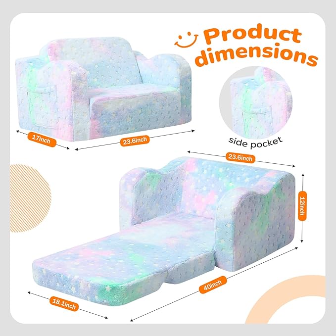 MeMoreCool Glowing Pastel Rainbow Kids Chair, 2-in-1 Foldable Kids Couch and