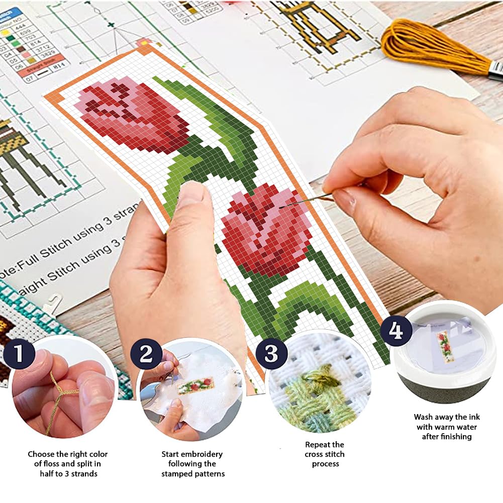 FREEBLOSS 6 Set Bookmark Cross Stitch Kits Stitch Bookmark Cross Stitch Kits with Instructions 6 Flowers Pattern Embroidery Kit for Beginners Bookmark Making Kit for Gift