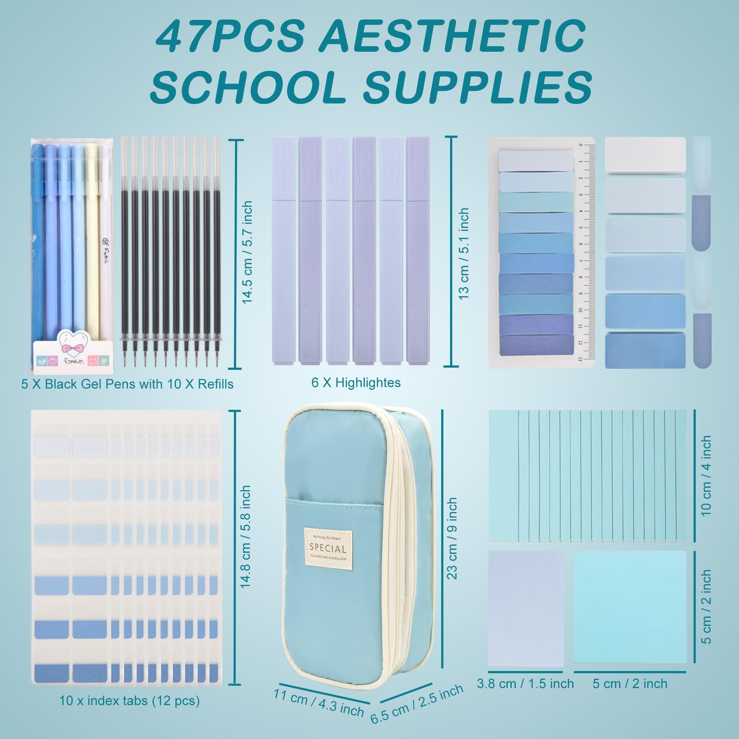 ChezAbbey 47Pcs Aesthetic School Supplies with Pencil Pouch - Cute College Essentials Set, Big Capacity Pen Case, Pastel Highlighters, Bible Study Journaling Stationary Kit (Blue)