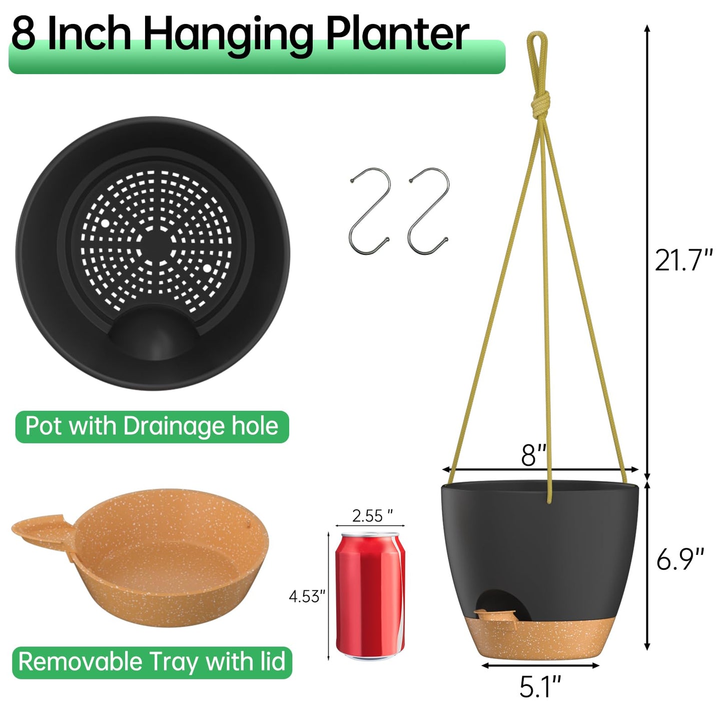ZMTECH 8 Inch Hanging Planters for Indoor Outdoor Plants, 2 Pack Self Watering Hanging Plant Pots with Drainage Holes and Removable Saucer, Plastic Flower Hanging Pots with Watering Lip (Black)
