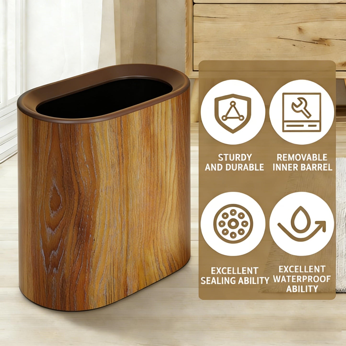 seebemxx Trash Can for Bathroom, 3.7 Gal Plastic Marble Wood Pattern Small Office Garbage Can for Bedroom Kitchen, Slim Trash Bin Waste Basket Decorative Modern Trashcans (Plastic Wood Pattern)
