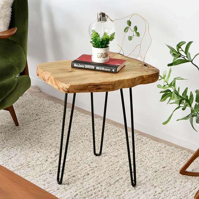 WELLAND Live Edge Cedar End Table, Unique Desktop Side Table, Natural Clear