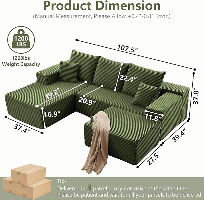 107" Comfy U-Shaped Sectional Modern Boneless Corduroy Couch