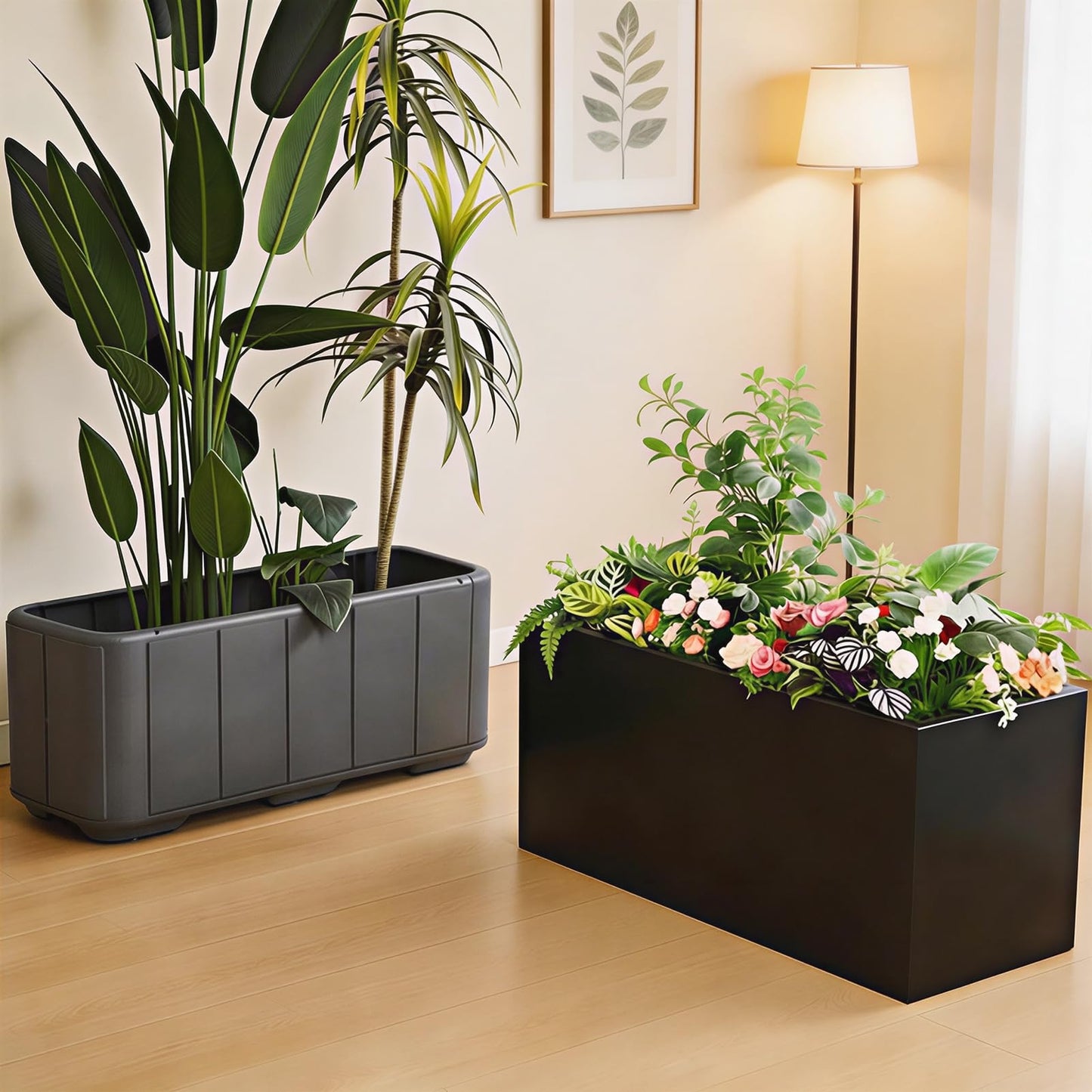 AILOOCEDI Metal Planter Box with Wheel, Outdoor/Indoor Rectangular Trough Garden Bed Drainage Holes & Raised Bottom for Patio Porch Yard Lawn 33" L x 12.4" W x 14" H