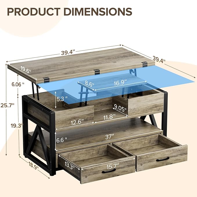 Memobarco 40" Lift Top Coffee Table, 4 in 1 Multi-Function Lift Coffee Tables