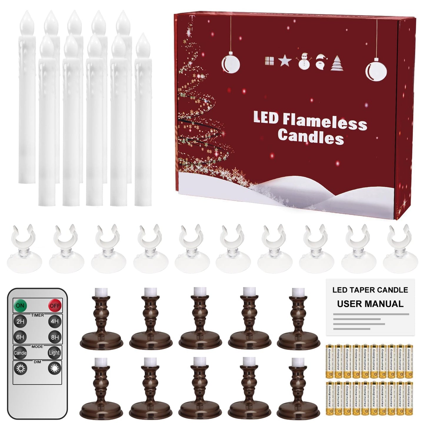 Kithouse Flameless Candles 10 Pack Battery Operated Window Candles with Drip Texture,Remote Timer,10 Removable Candle Holders,10 Suction Cups,20 AAA Batteries for Home Decor Christmas Wedding (Brown)