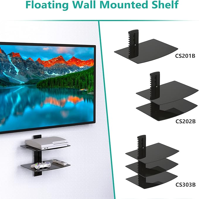 WALI Floating TV Shelf, 2 Tier Glass Projector Shelf