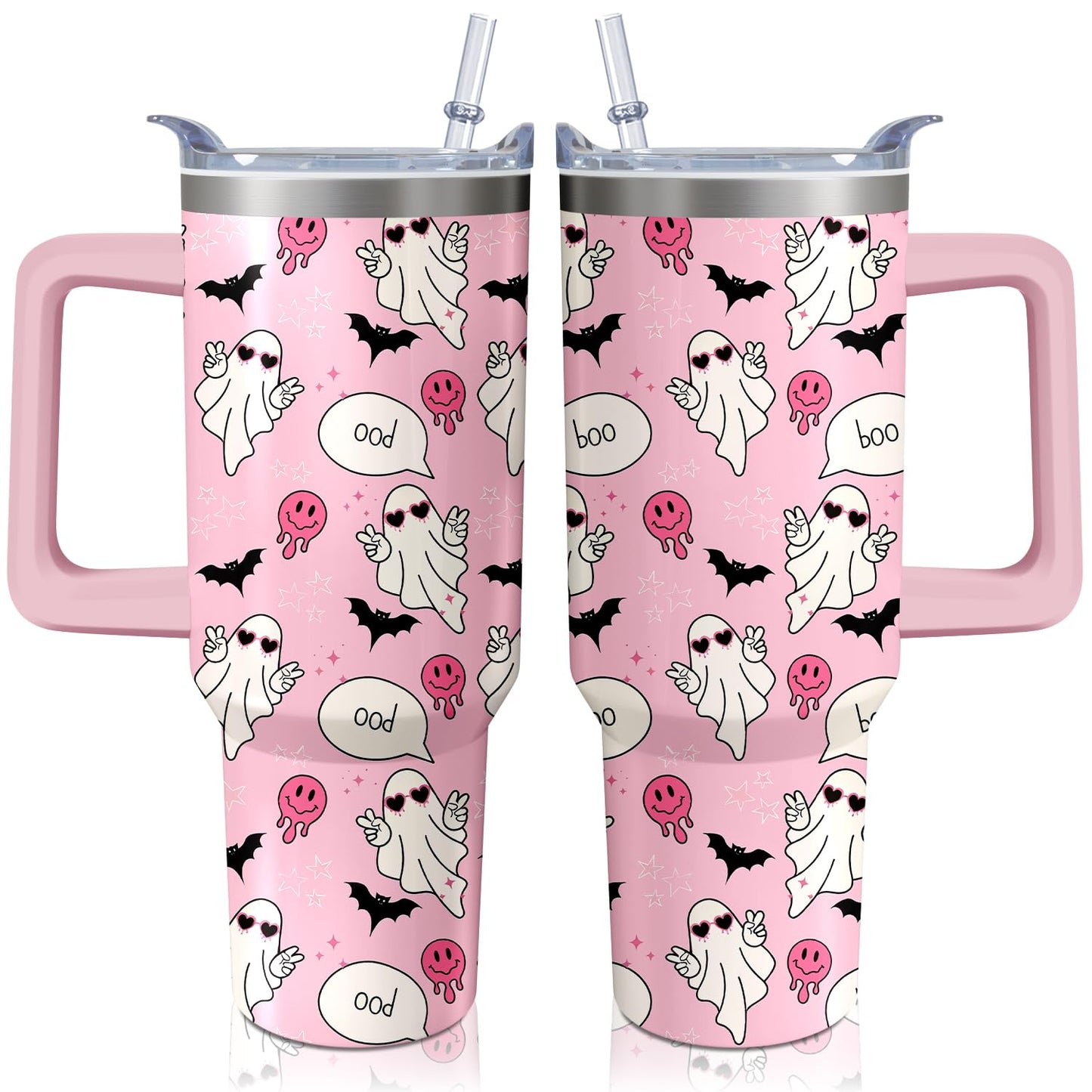 Kearscupra 40oz Cute Ghost Halloween Tumbler With Handle and Straw,Gifts for Women Spooky Pink Bat Melting Smile Face Coffee Mug Water Bottle, Stainless Steel Insulated Cup