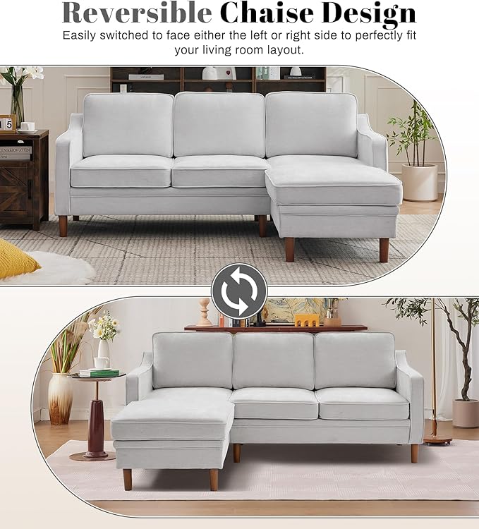Kingfun 88" L-Shape Sofa, Chenille Sectional Couch, Mid Century Modern Couches