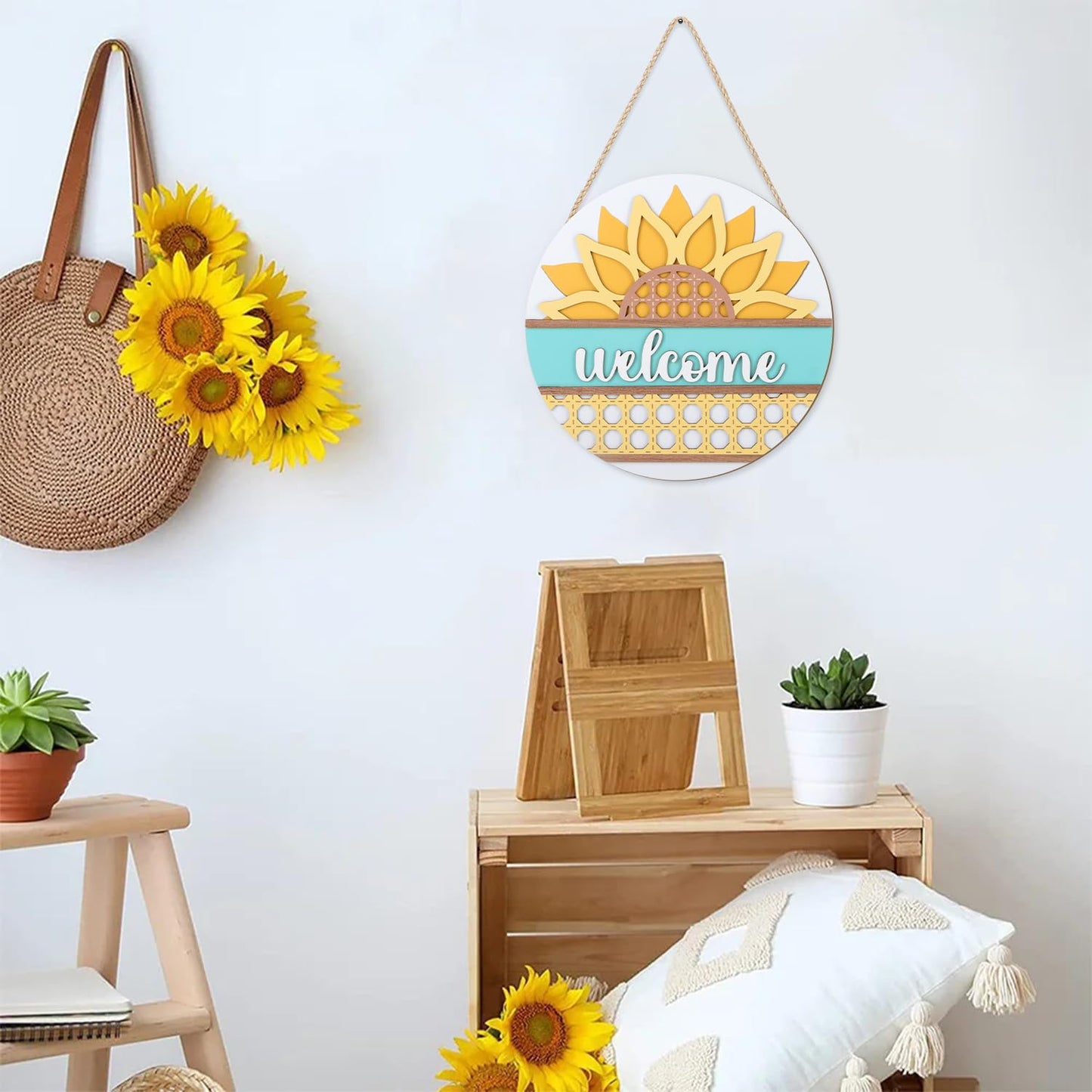 HOURIA 3D Summer Sunflower Welcome Door Sign,11.4 Inches Yellow Flower Summer Wood Wall Decor,Farmhouse Sunflower Decorations for Home,Office,Wreath,Indoor,Outdoor