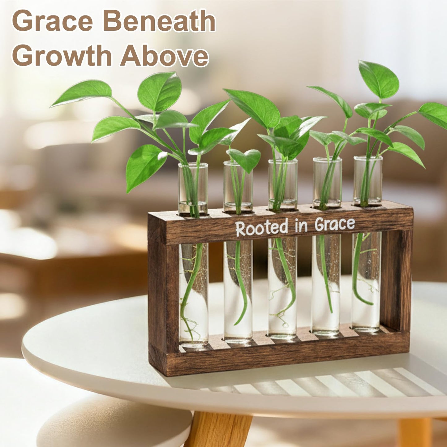 Rooted in Grace Plant Propagation Station – Wooden Stand with 5 Glass Vases, Faith-Inspired Christian Gift for Women, Indoor Plant Cutting Holder for Home, Office, Garden and Housewarming Décor