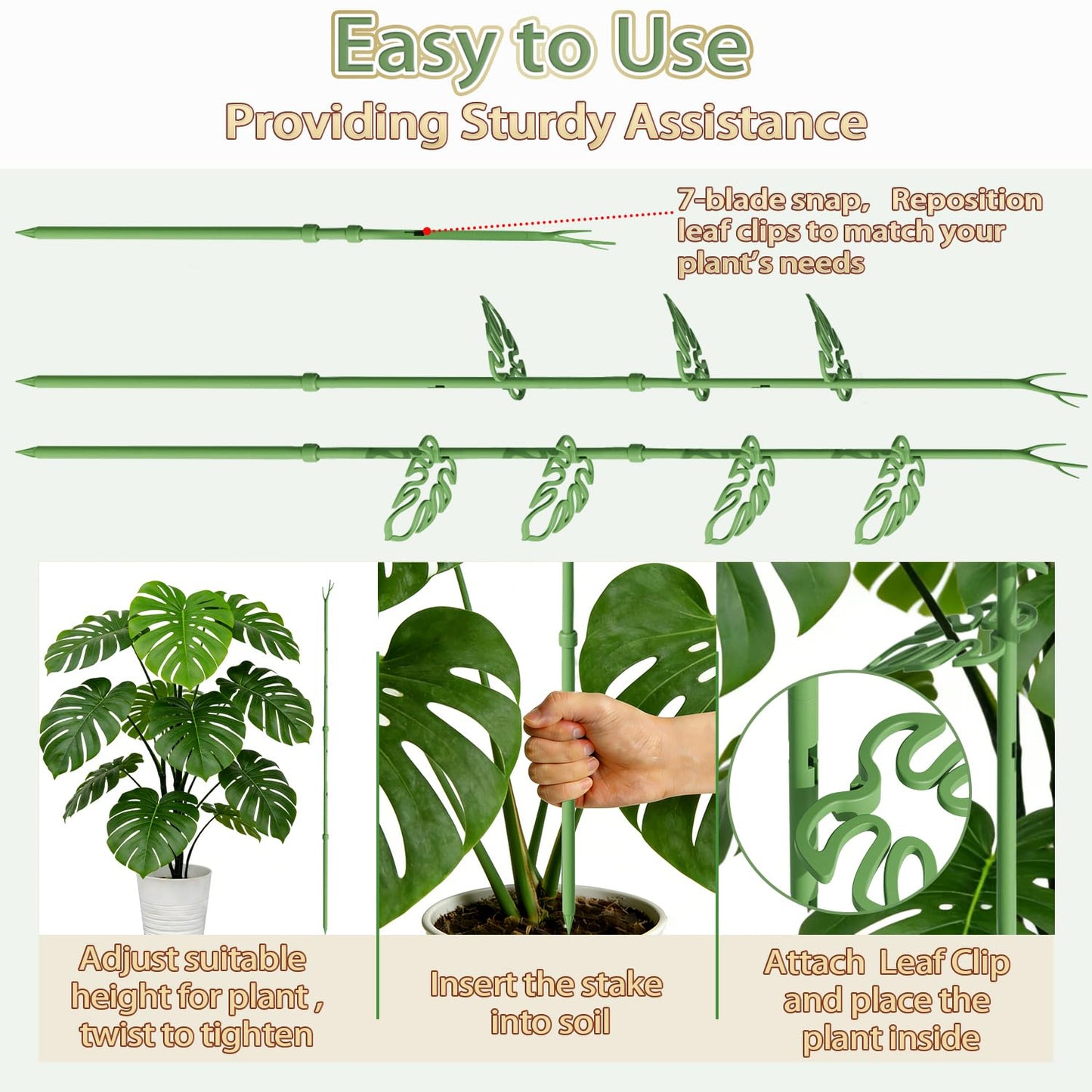Telescoping Plant Stakes, Detachable Leaf Clips, Monstera Plant Support Stick Adjustable from 21In to 43.3In, Plant Support Stakes Ideal for Indoor, Garden and Climbing Plant, Vegetables - 2 Pack