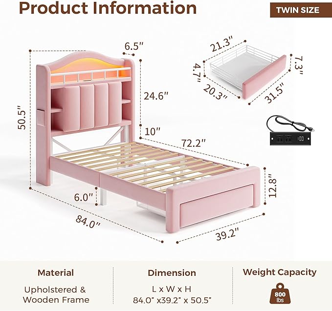 Twin LED Bed Frame with Storage Headboard & 2 Storage Drawers, Princess Velvet
