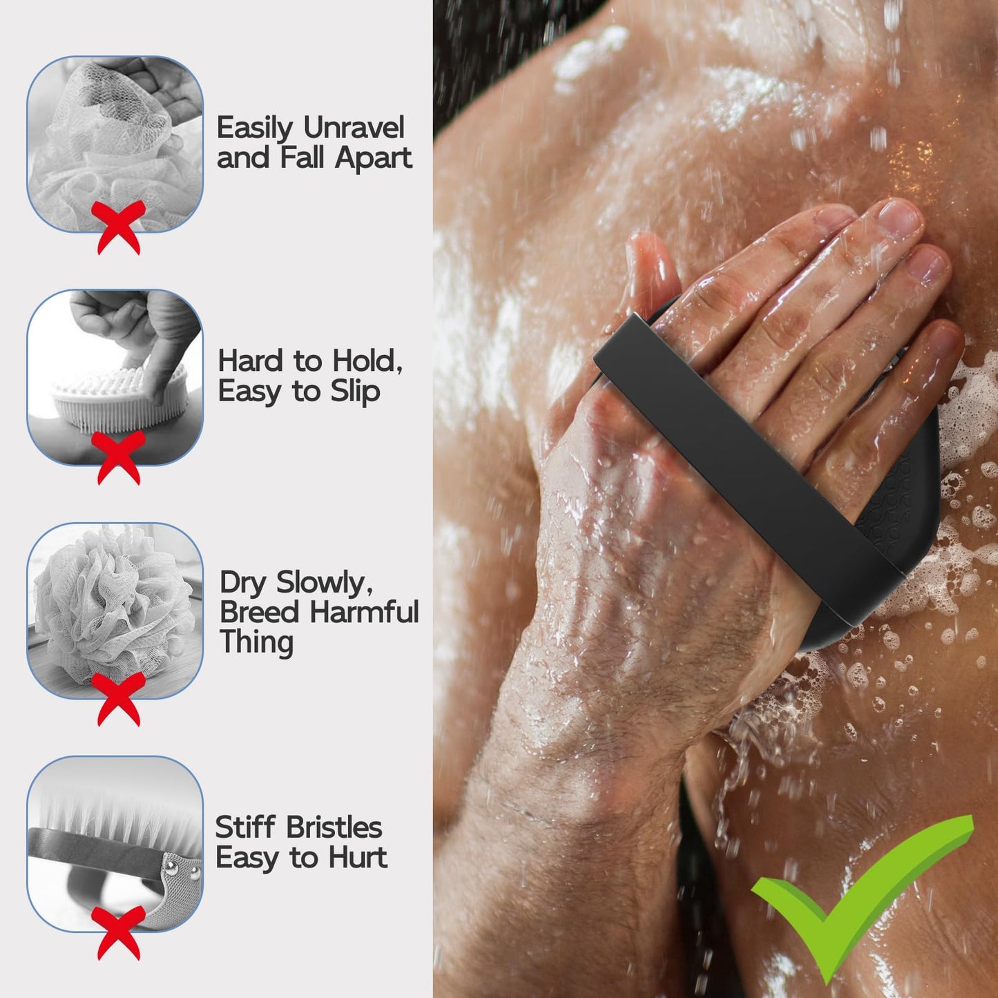 3 PCS Silicone Bath Brush Set,Back Scrubber & Body Brush & Face Brush Set, Super-Exfoliating & Lathering Body Scrubber, Shower Brush, Face Scrubber Combination for HomeBathroom Hotel Travel.(Black)