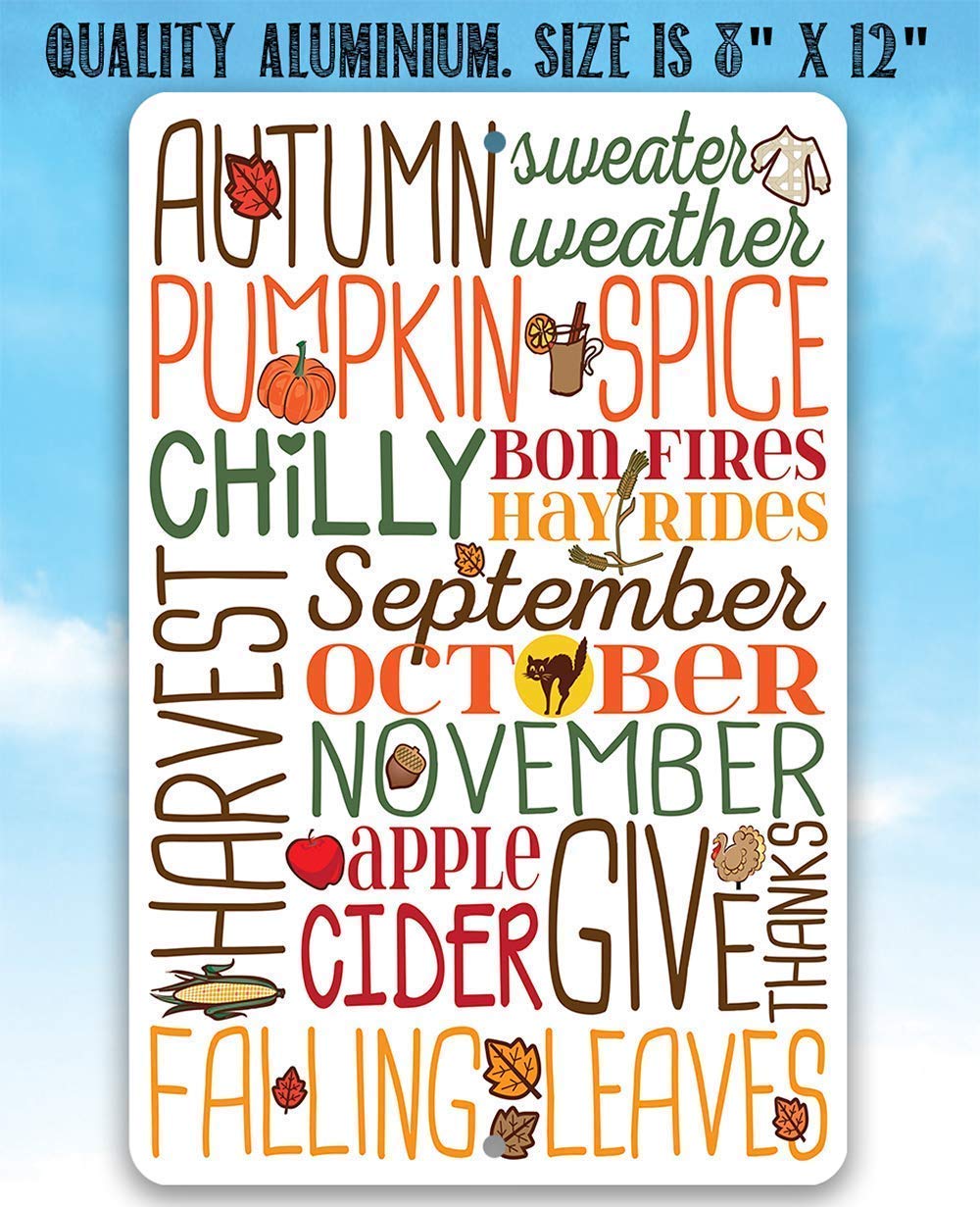 Sweater Weather Pumpkin Spice Metal Sign - Fall and Halloween Home Decor, Autumn Leaves Porch Display, Thanksgiving Season Wall Art Plaque - 8x12 Inch Indoor Outdoor Durable Tin Poster