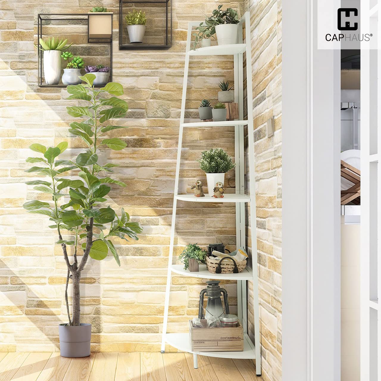 CAPHAUS Tall Corner Shelf Stand, 6-Tier Display Shelves, Ladder Corner Wood Storage Plant Bookshelf with Metal Frame, Versatile Shelving Unit Bookcase for Home Office Space, White