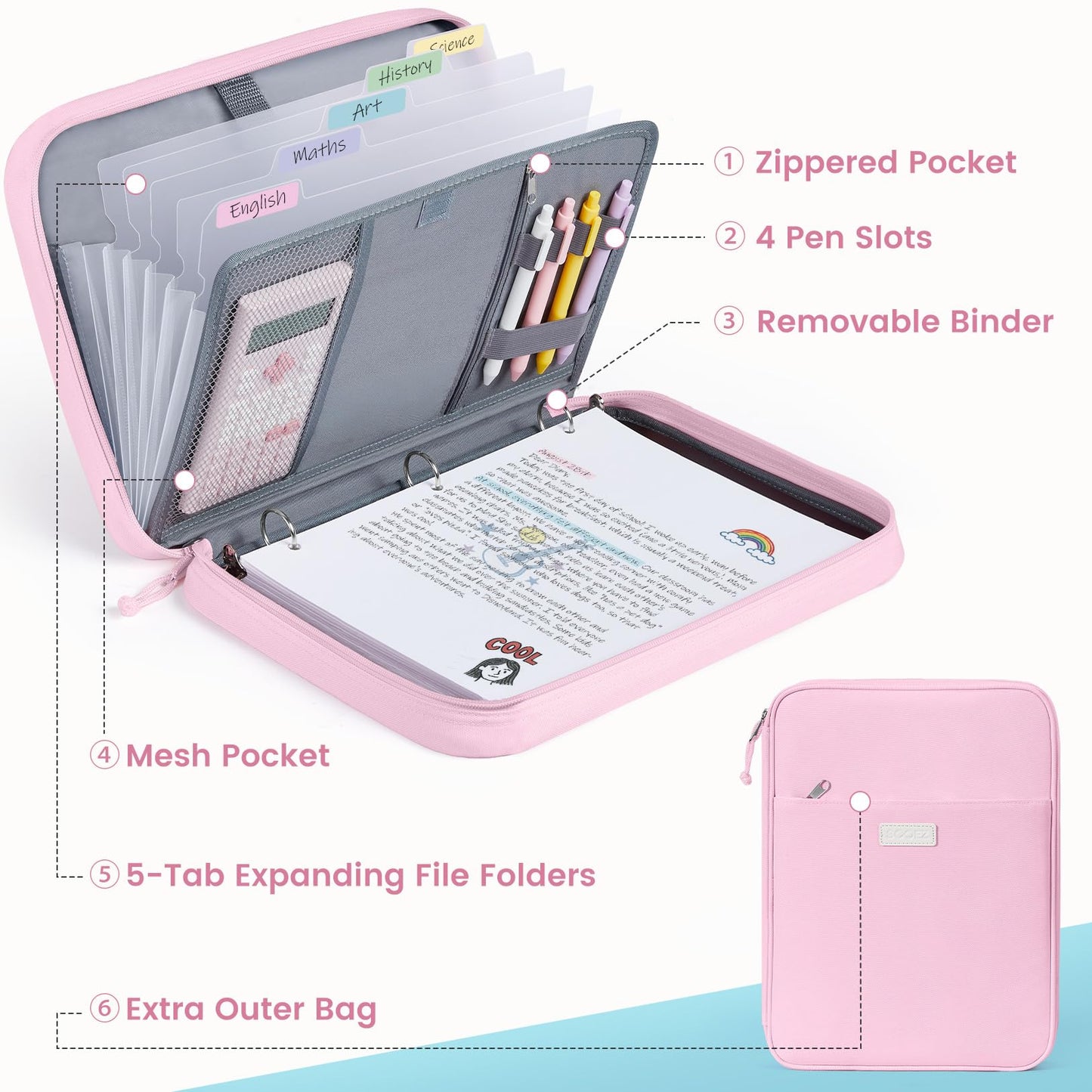 Sooez Zipper Binder Bag, 1 Inch Binders 3 Ring O-Ring, 5-Tab Dividers Expanding File Folder, 500-Sheet Capacity Three Ring Binder, Deep Purple