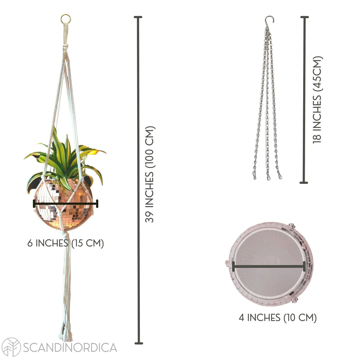 SCANDINORDICA Disco Ball Planter 6" Rose Gold with Chain and Macrame Hanger and Disco Ball Planter Pot 4.3" with Saucer (0.3x0.3 mirror tiles)