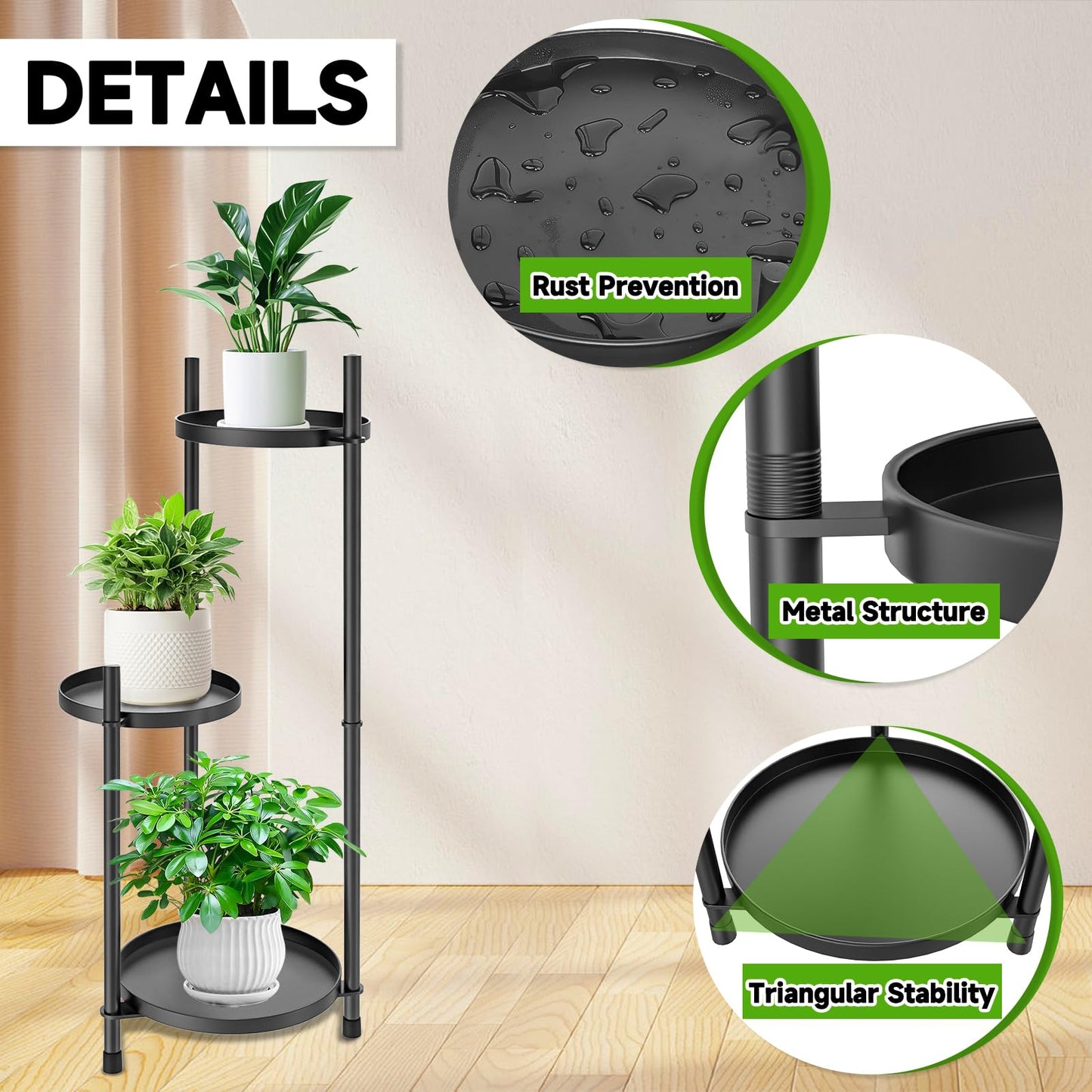 MeyRolizn 3-Tier Metal Plant Stand for Indoor & Outdoor, Heavy Duty Corner Flower Shelf Display Rack for Living Room Balcony Patio Garden Bedroom Classroom Black (Black-B)