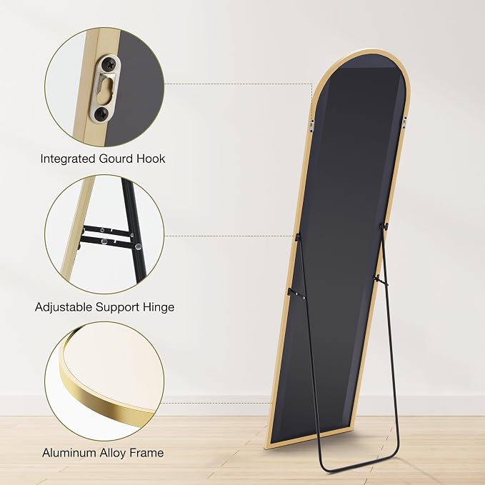 OLIXIS Arched Full Length Mirror for Bedroom, 58"x19" Full Body Mirror with Stand, Hanging or Leaning for Wall, Aluminum Alloy Thin Frame Floor Standing for Living Room, Long, Gold