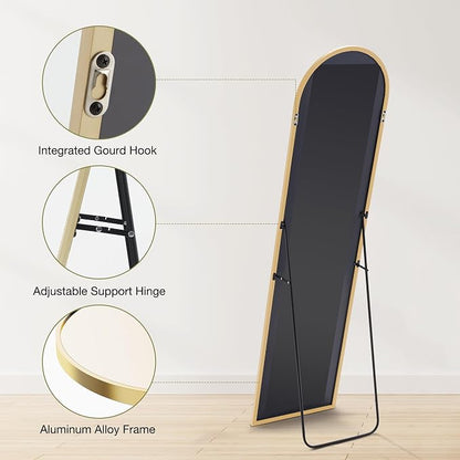 OLIXIS Arched Full Length Mirror for Bedroom, 58"x19" Full Body Mirror with Stand, Hanging or Leaning for Wall, Aluminum Alloy Thin Frame Floor Standing for Living Room, Long, Gold