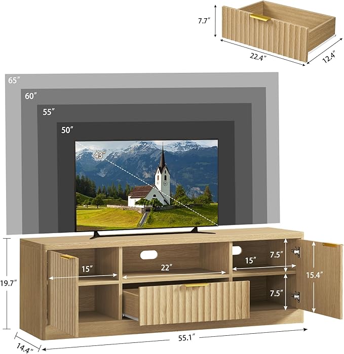 TEENFON 55" TV Stand for TVs Up to 60", Modern Fluted Entertainment Center