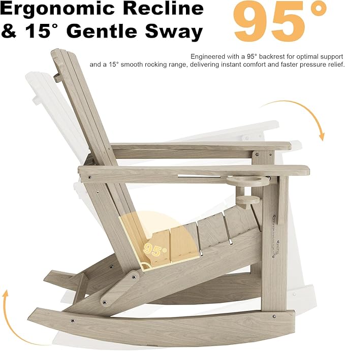 Adirondack Rocking Chair with Retractable Ottoman, Outdoor Folding Adirondack
