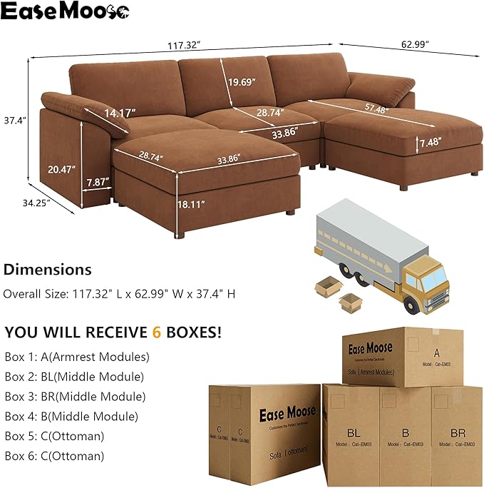 EASE MOOSE Modular Sectional Couch, Oversized Deep Seat U Shape Sectional Couch
