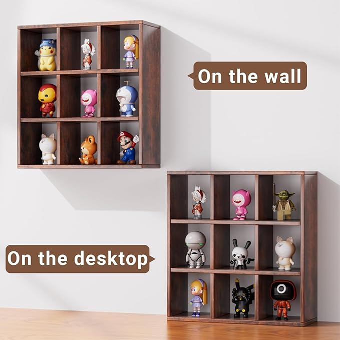 Helsin 9 Grid Vintage Coffee Mug Display Rack, 16inch Wall Mounted Wooden Curio