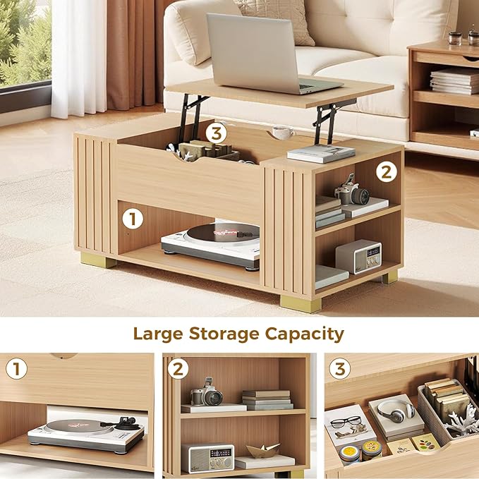 COMHOMA Lift Top Coffee Tables for Living Room, Adjustable Wooden Tea Table for