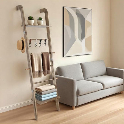 Wooden Ladder with Shelf for Room Decor, 6-Tier Decor Ladder with Non-Slip Mat & Hooks, Farmhouse Style Leaning Wall Display Holder