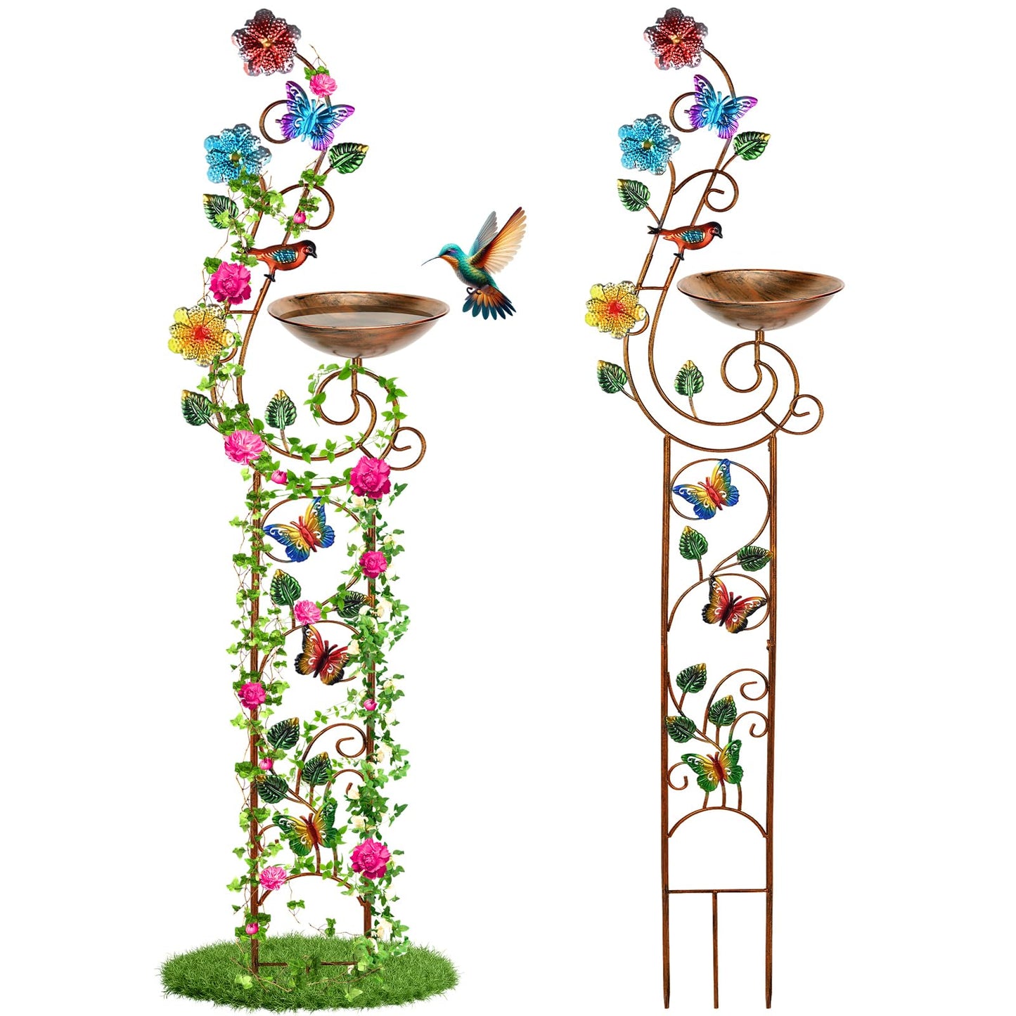 YADOOLIFE 57” Bird Bath with Garden Trellis for Climbing Plants Outdoor, Small Decorative Trellises Metal Birdbath Bird Baths, 1 Piece (Butterfly)